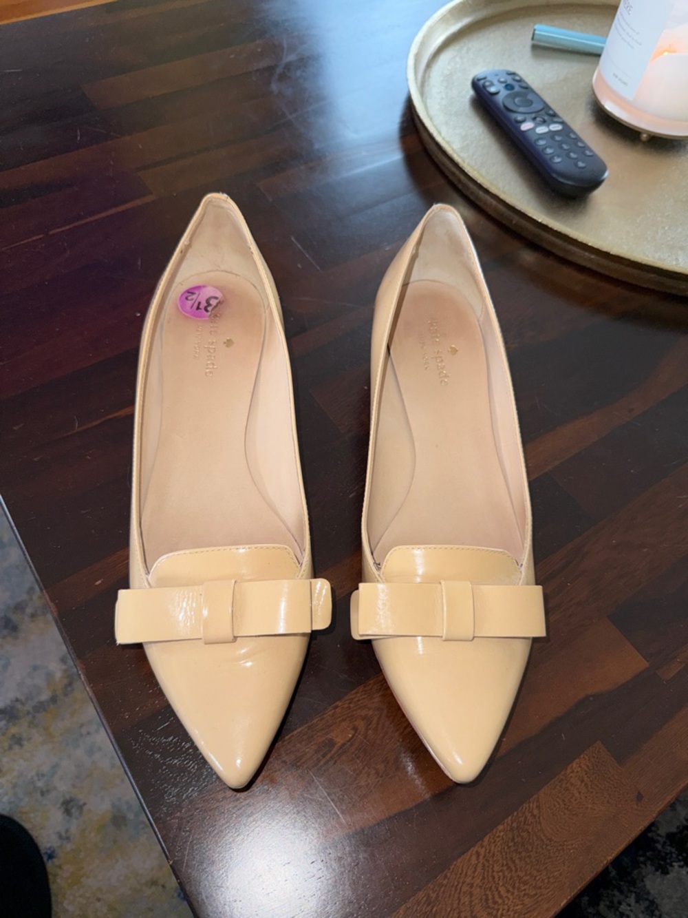 kate spade tan Patent Pointed-Toe Bow Flats